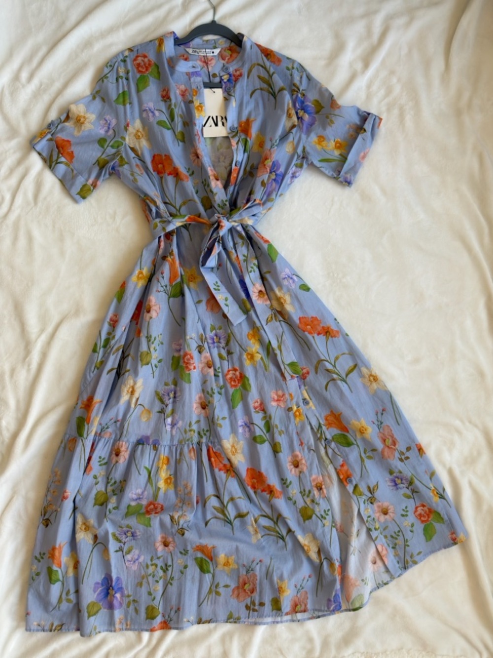 ZARA Pale Blue Floral Button-Up Dress with Orange & Purple Blooms